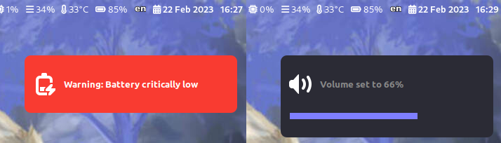 Une notification de batterie et une de volume.